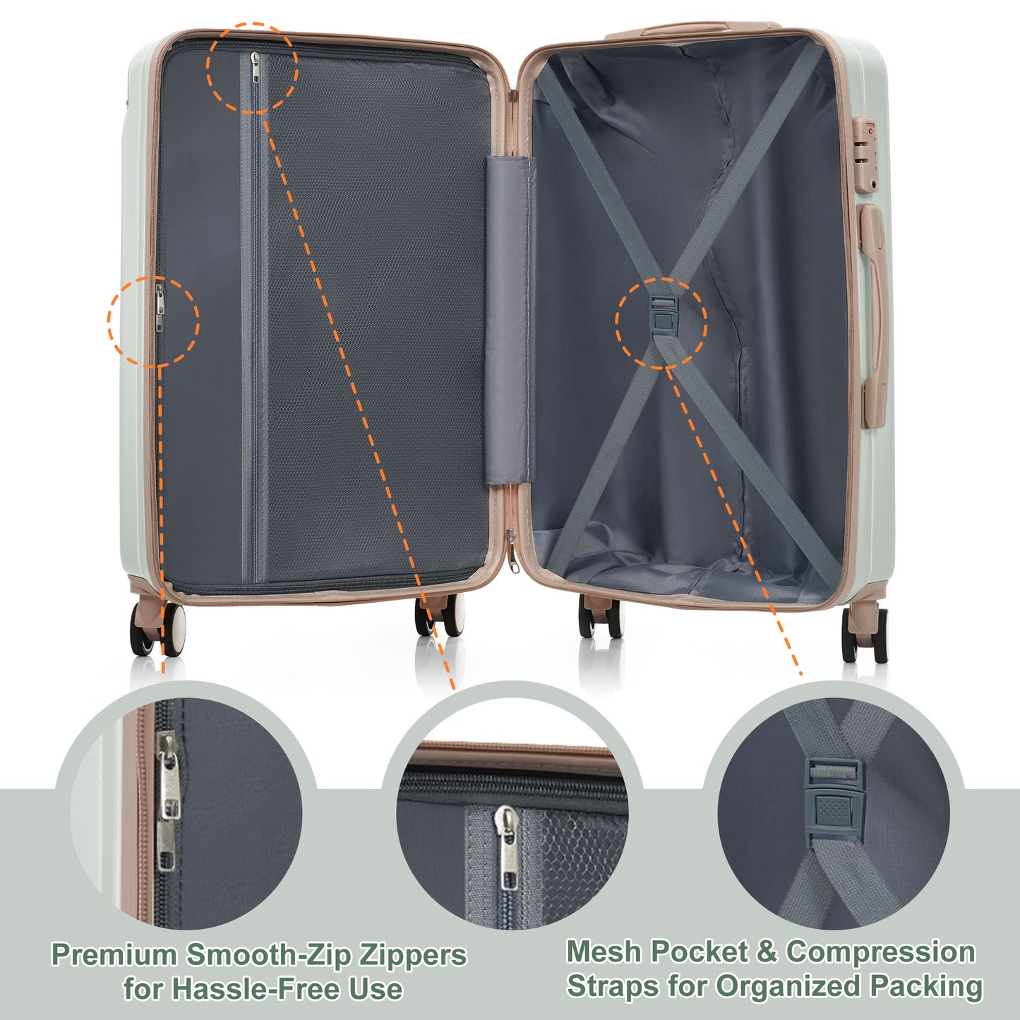 Premium ABS 3-Piece Travel Luggage Set - 20, 24, 28 Inch - Grey Green