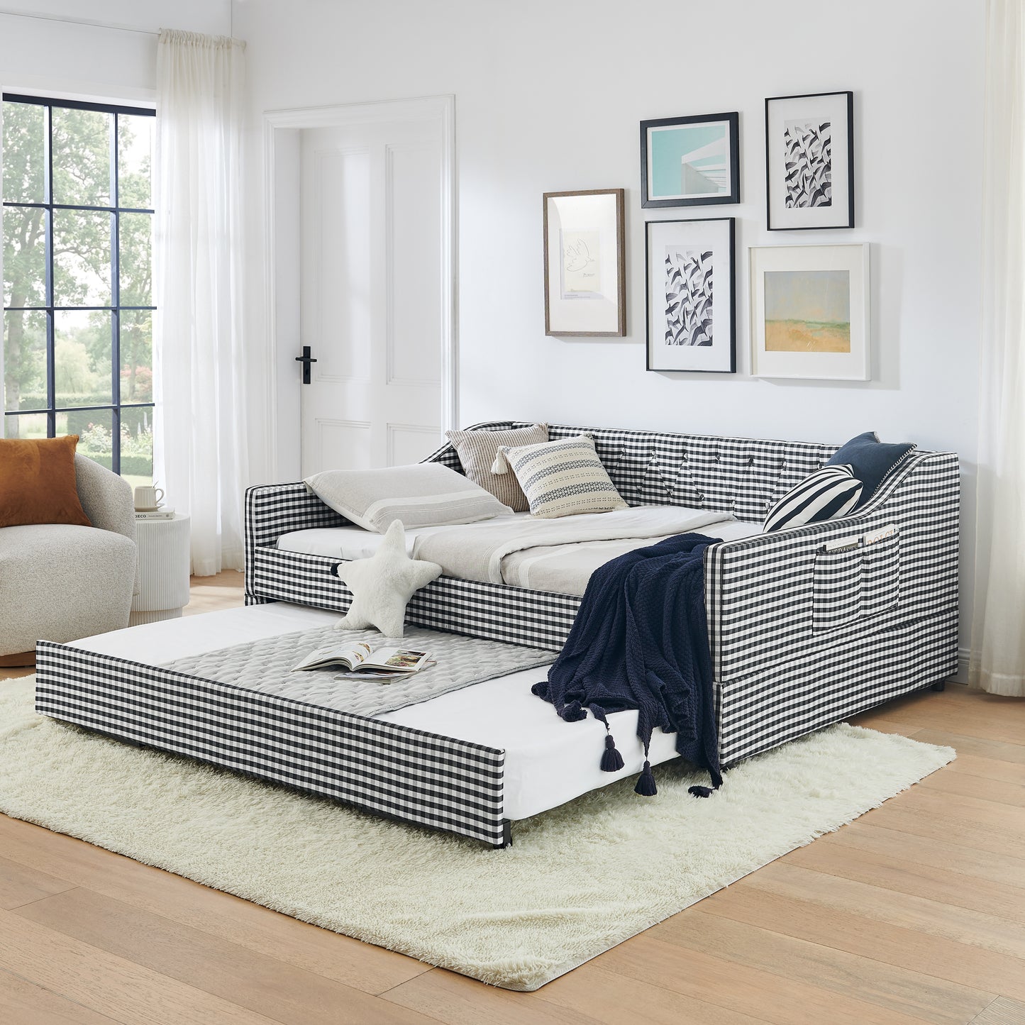 Upholstered Daybed with Tufted Backrest & Trundle - Black