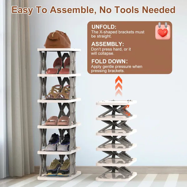 6 Tier Foldable Shoe Rack Vertical Organizer Narrow For Small Spaces