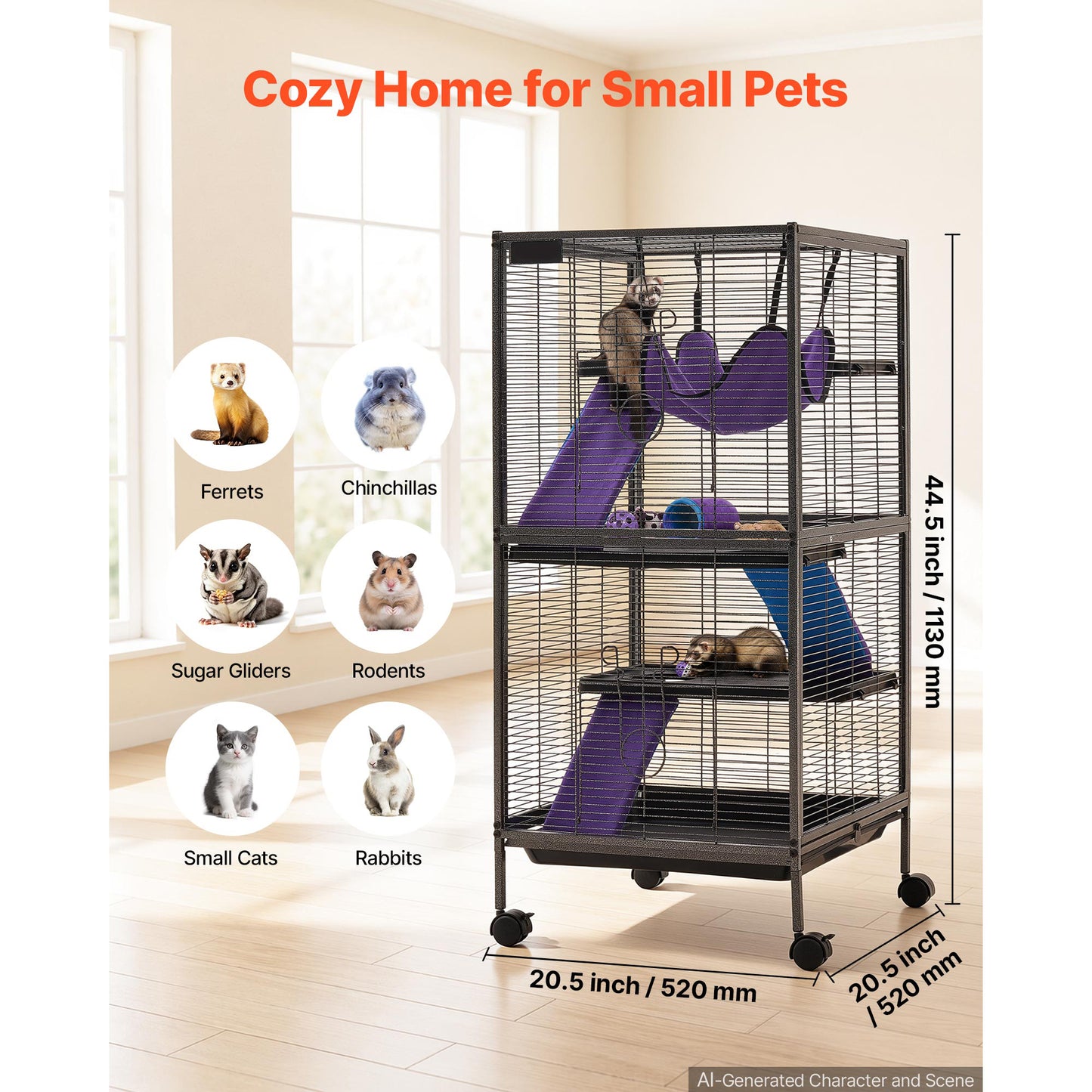 Small Animal Cage 44.5 Inch 4-Tier Rolling Ferret & Rodent Habitat with Hammock Ramps & Tray