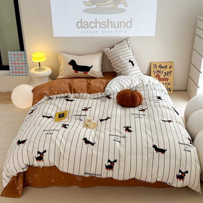 Cartoon Puppy Striped Cotton Bedding Set - Multiple Sizes & Styles