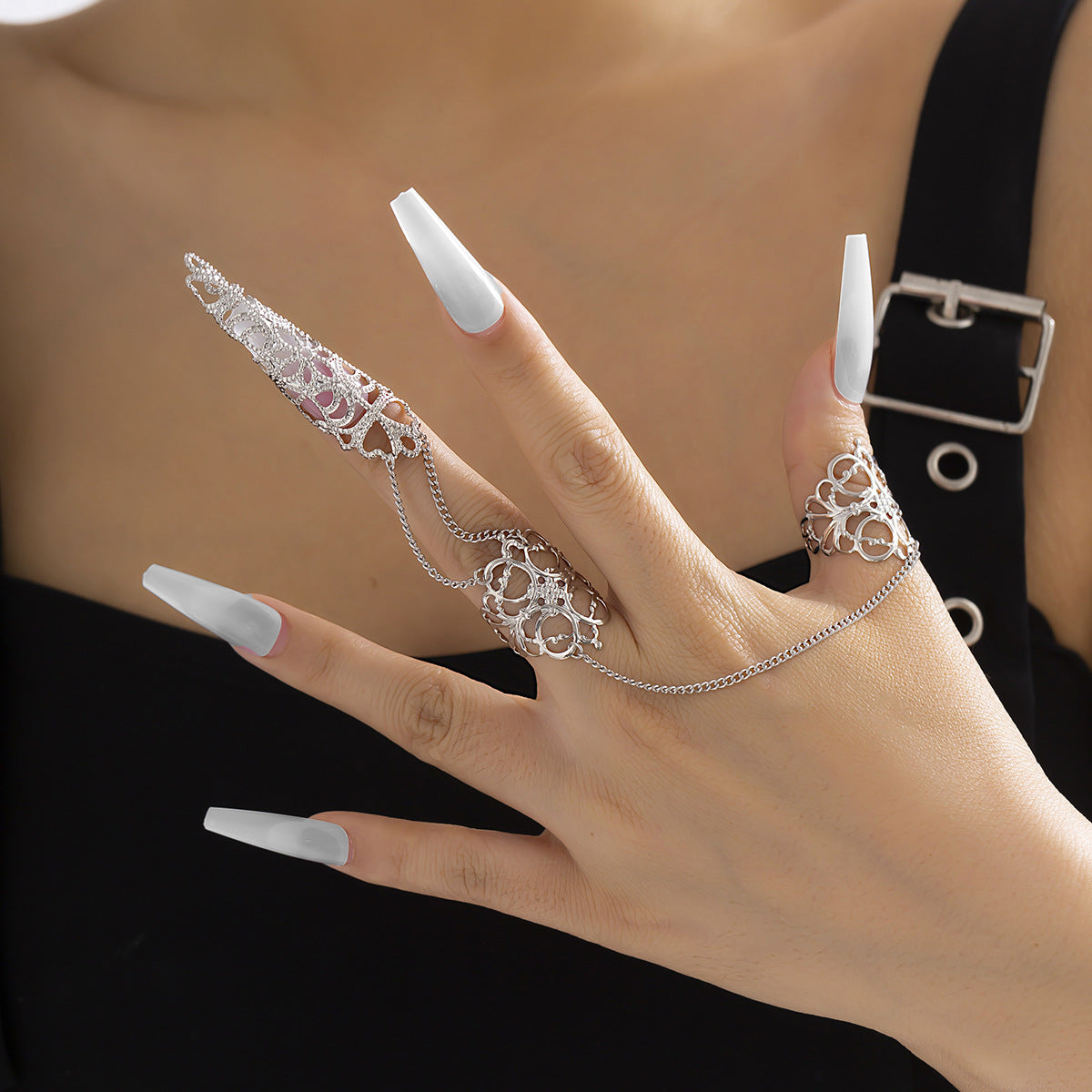 Gothic Style Hollow Tapered Fingernail Ring with Tassel and Geometric Design