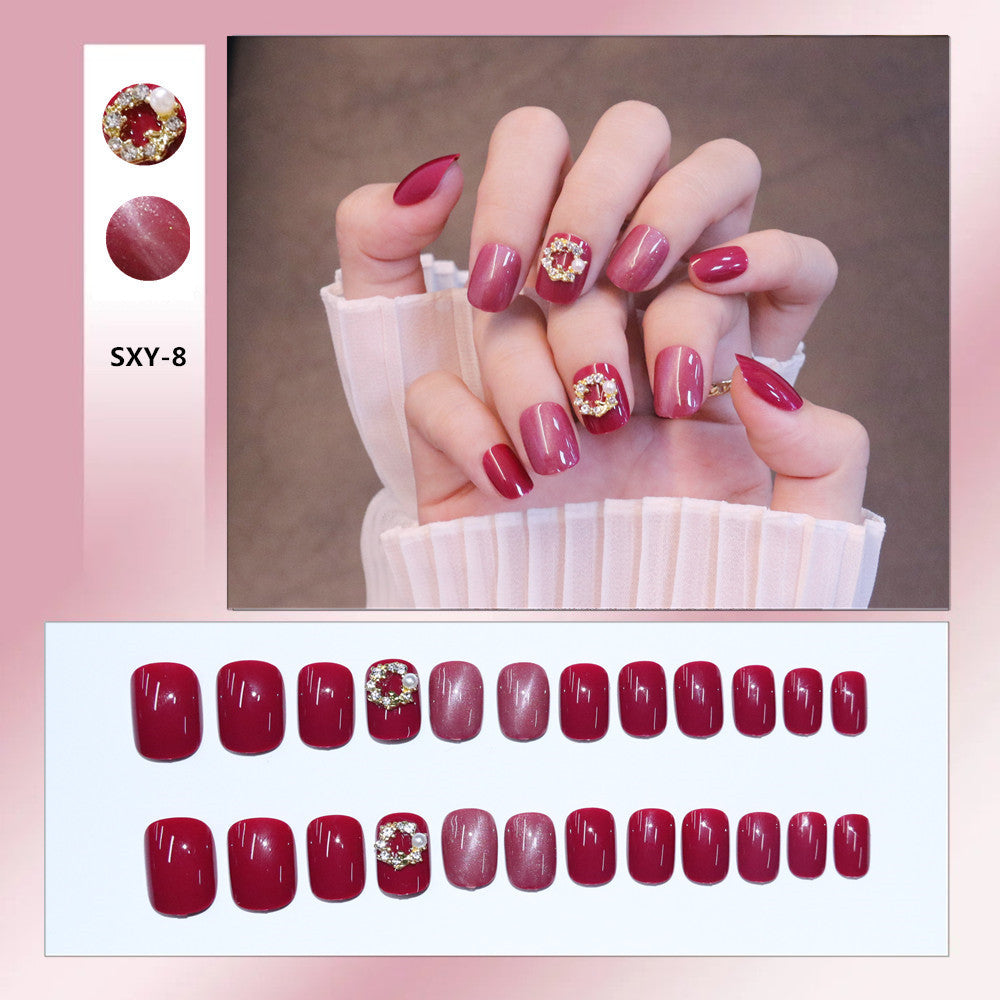 Short Rose Red Cat Eye Fake Nails - 24 Pack with Glue