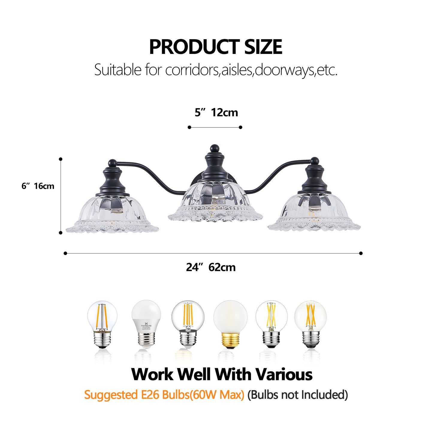 24 Inch 3-Light Vintage Bathroom Wall Sconce Black Metal Glass Vanity Light Fixture