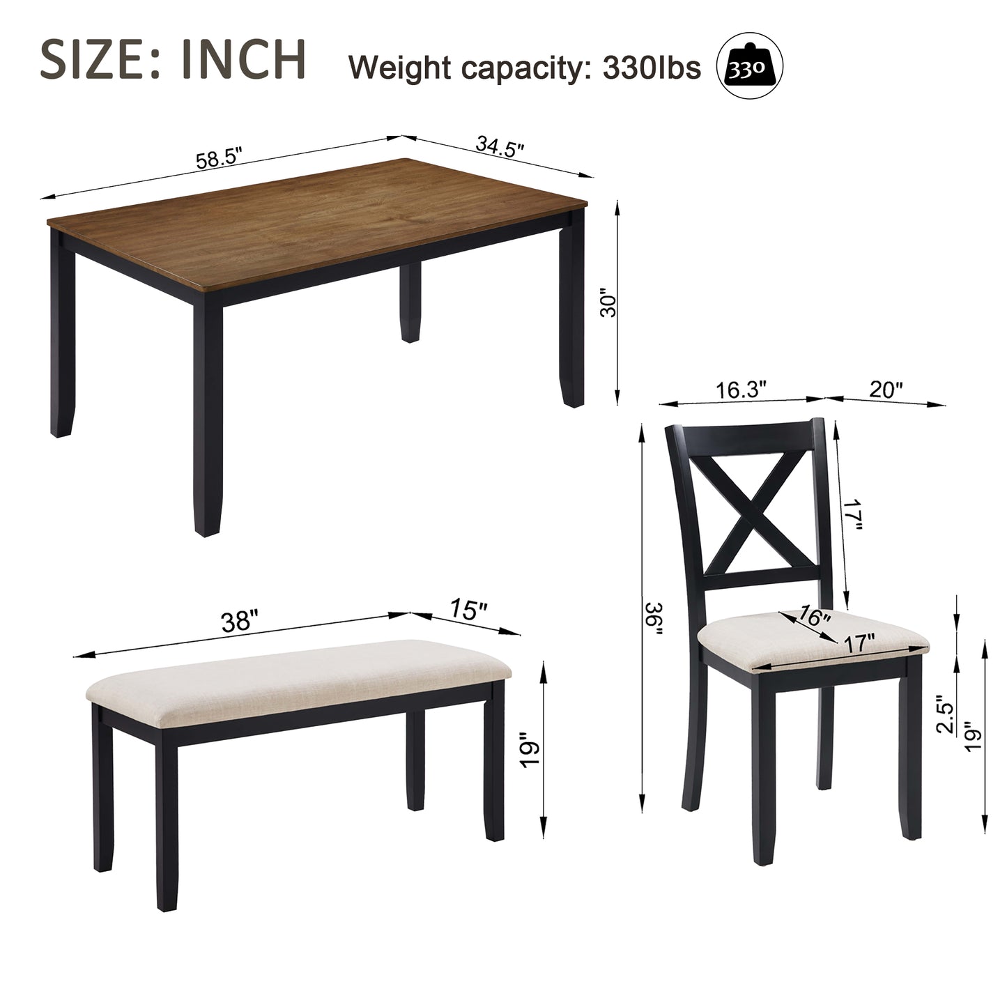 6-Piece Dining Table Set with Bench - Classic Black & Oak
