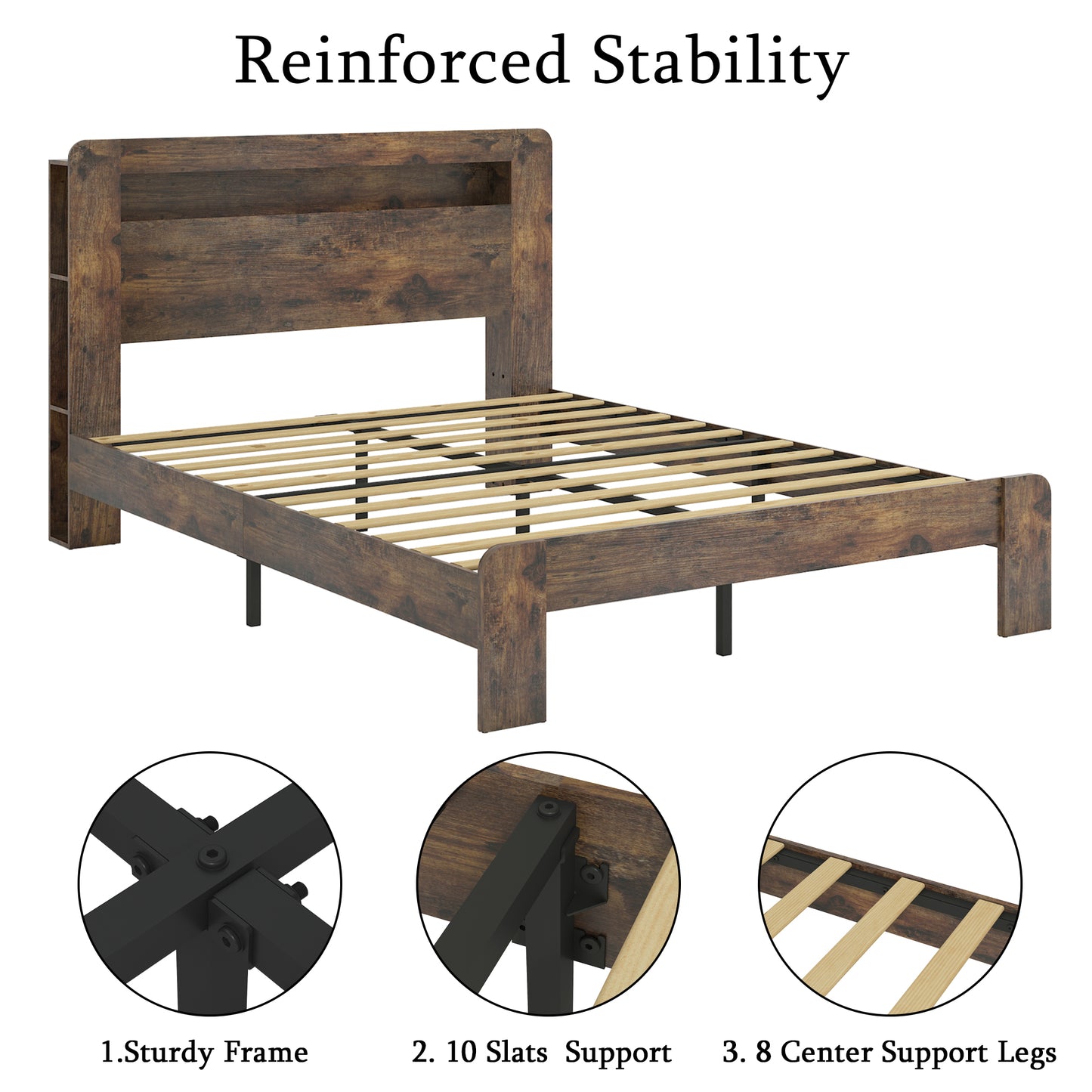 King Wood Bed Frame with LED Headboard, USB Ports & Storage