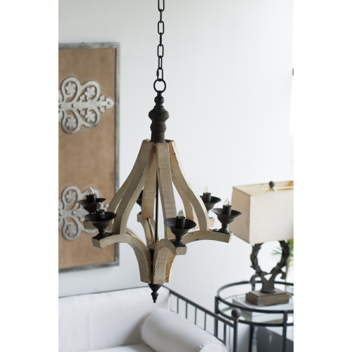 Wooden Chandelier with Adjustable Chain for Kitchen Dining Cream Finish - 6 Lights