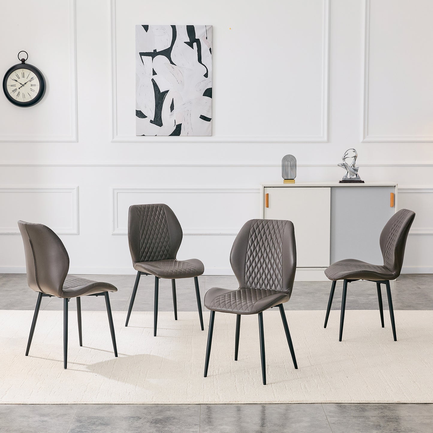 Set Of 4 Modern Light Luxury Dark Gray Diamond-quilted PU Chairs With