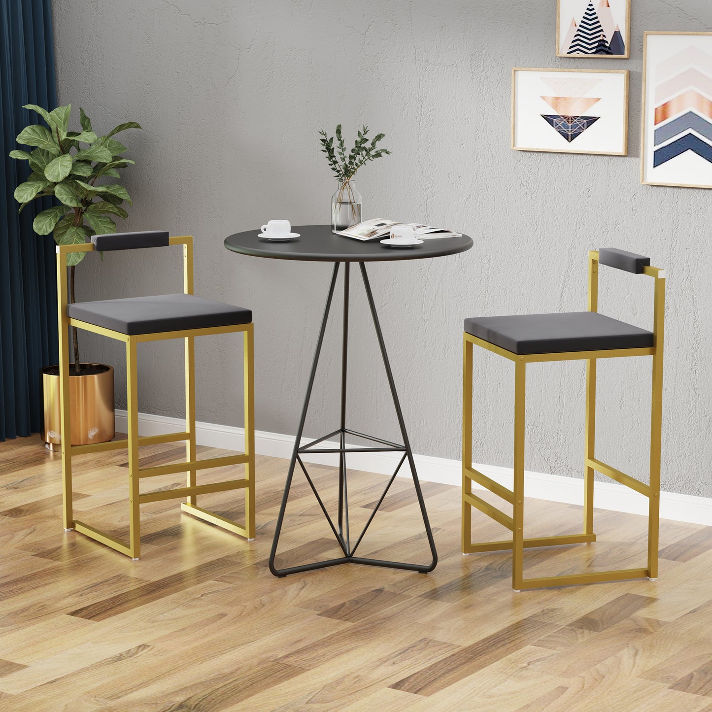 Set of 2 Velvet Upholstered Bar Stools with Backrest - Gray