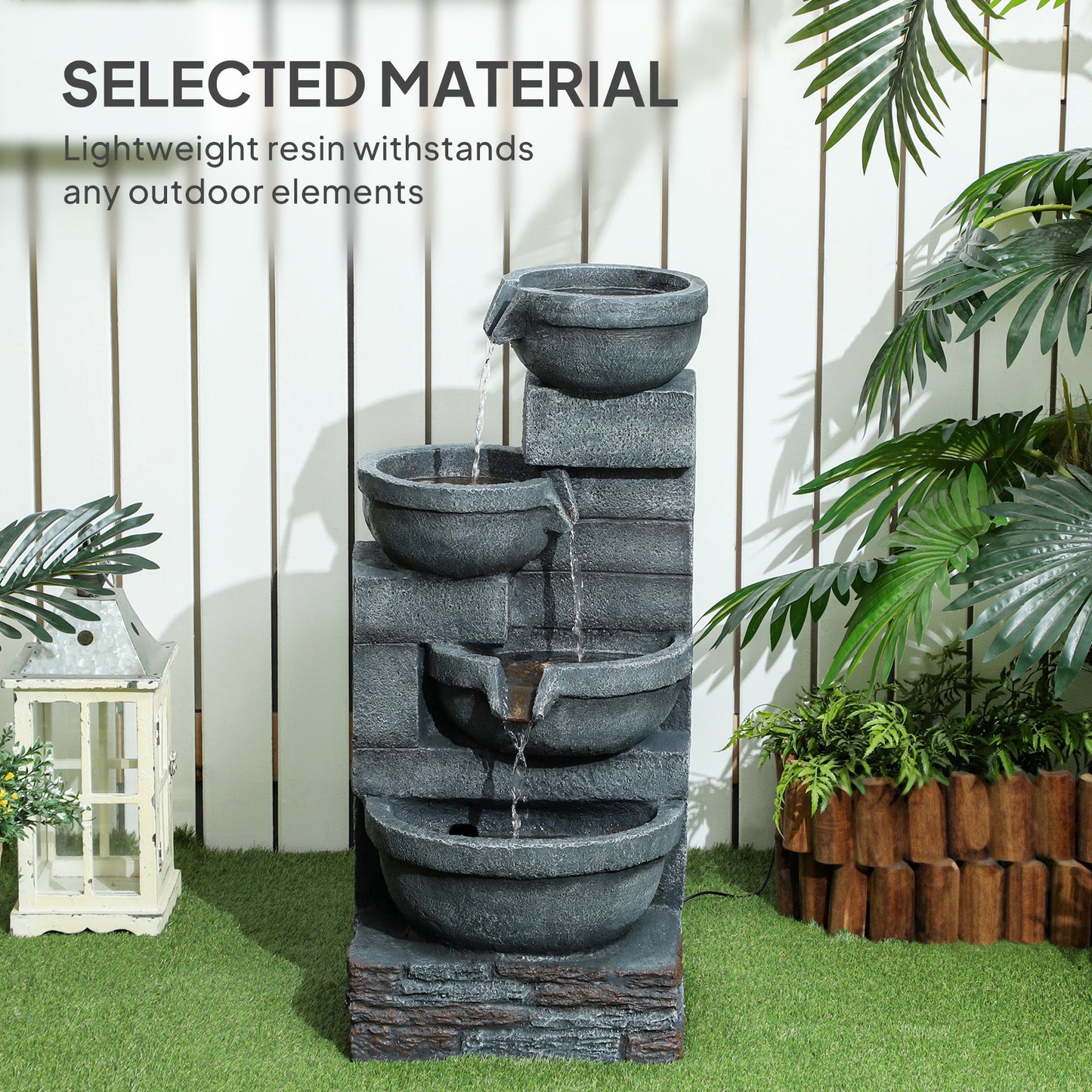 30-Inch Outdoor Waterfall Fountain with LED Lights, 4-Tier Resin Cascading Water Bowls