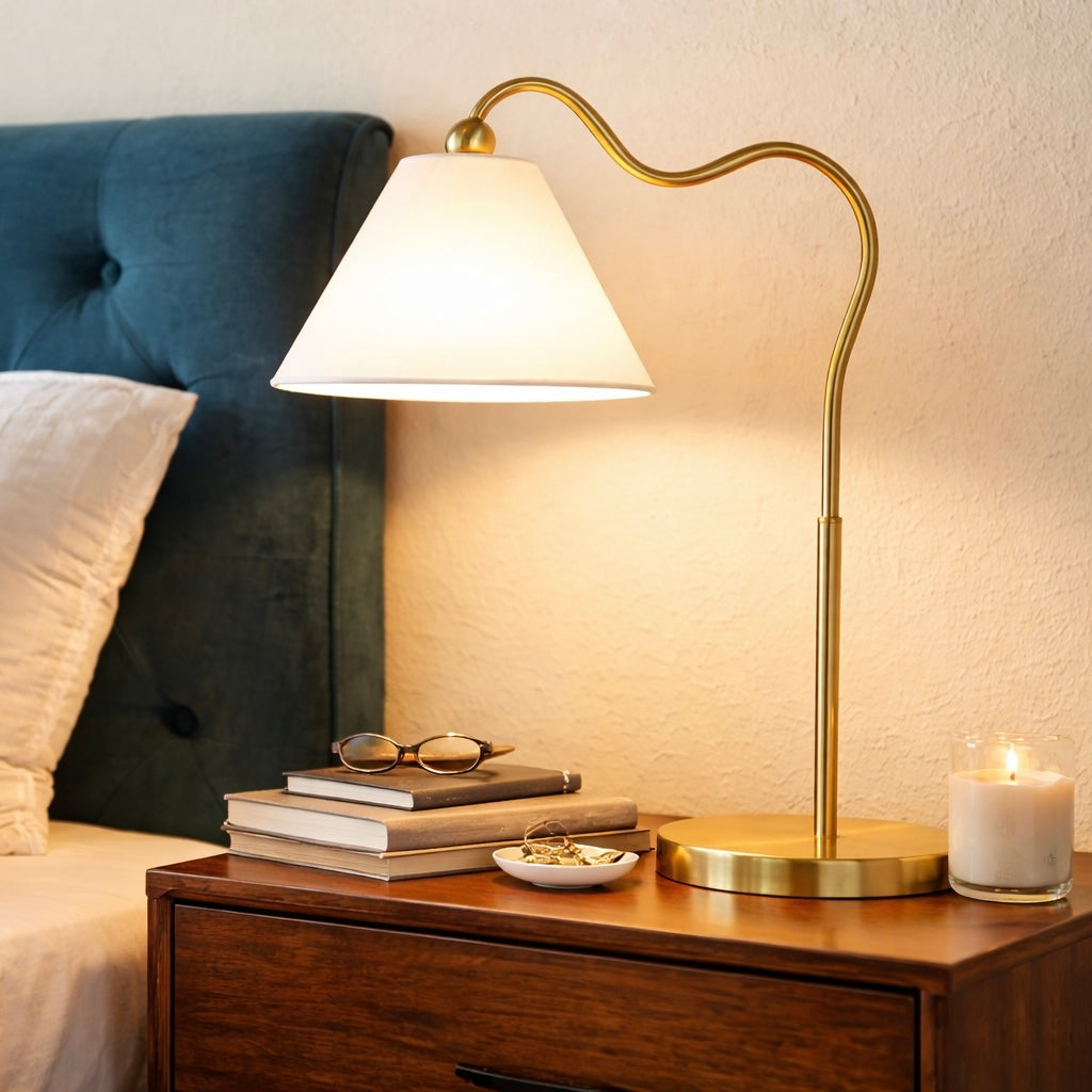 Ornate Brass Ring Base Curved Table Lamp With Triangle White Drum