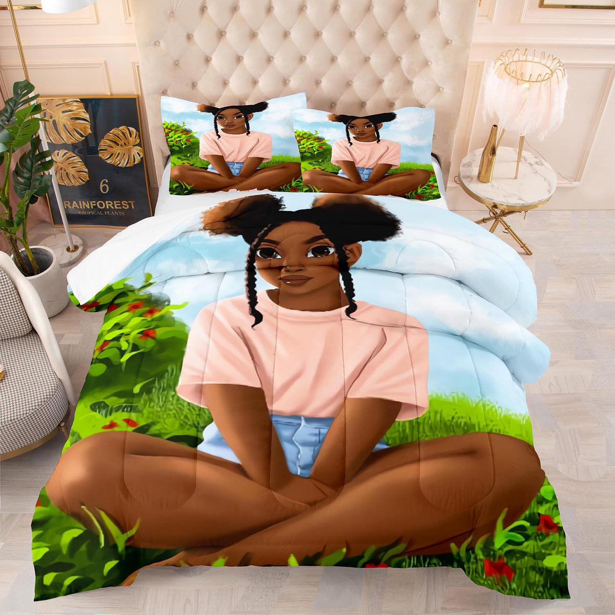 200x230cm Polyester Quilt Bed Cover Set for Summer & Ventilated Bedding - Black Girl Design