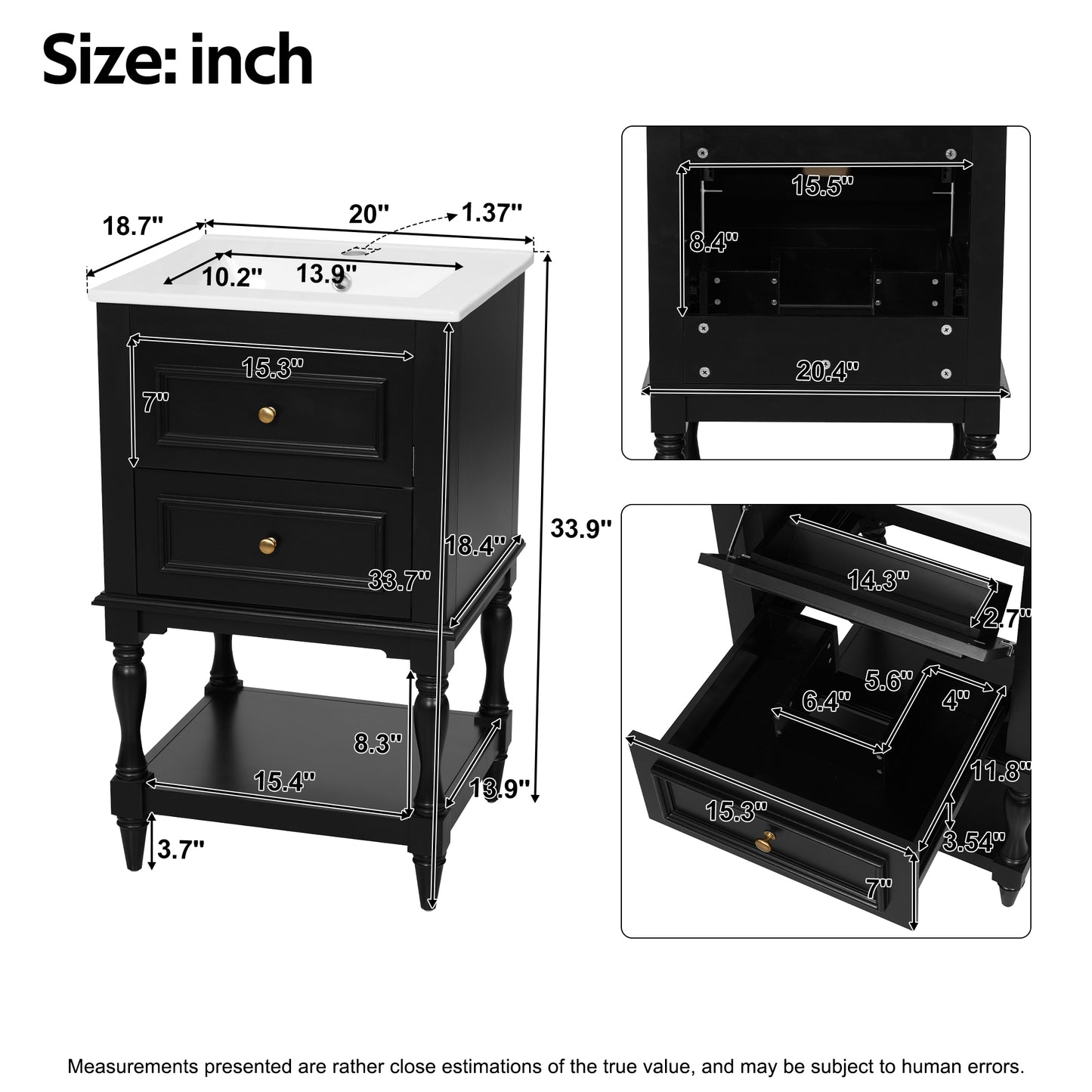 20'' Black Bathroom Vanity with Ceramic Sink & 2 Drawers