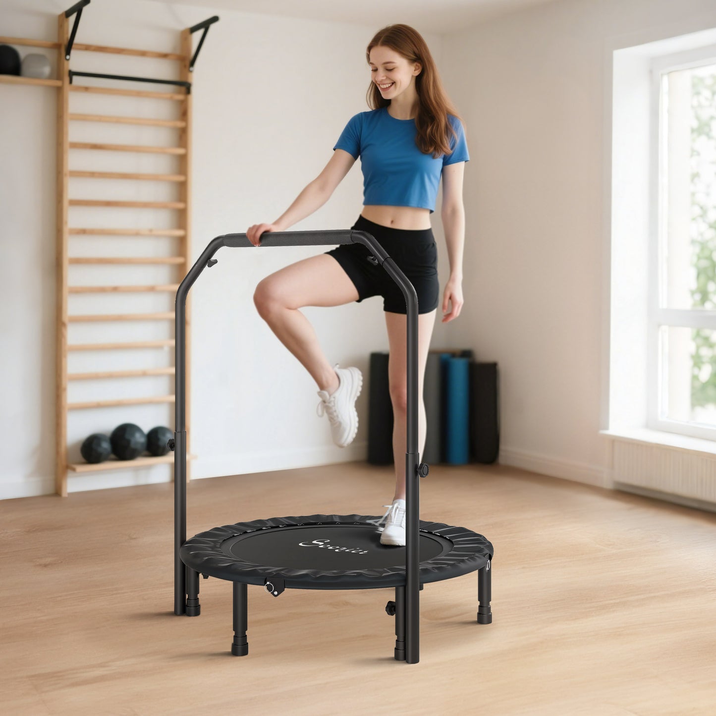 40" Foldable Mini Trampoline for Adults - Adjustable Handle, Black