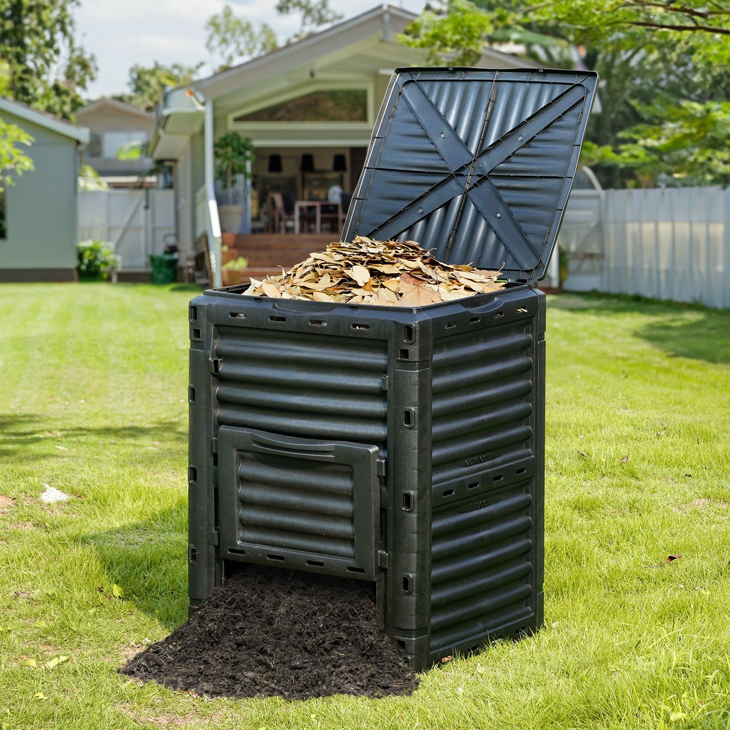 80 Gallon Outdoor Compost Bin with Lid & Bottom Door - Large Capacity Garden Tool