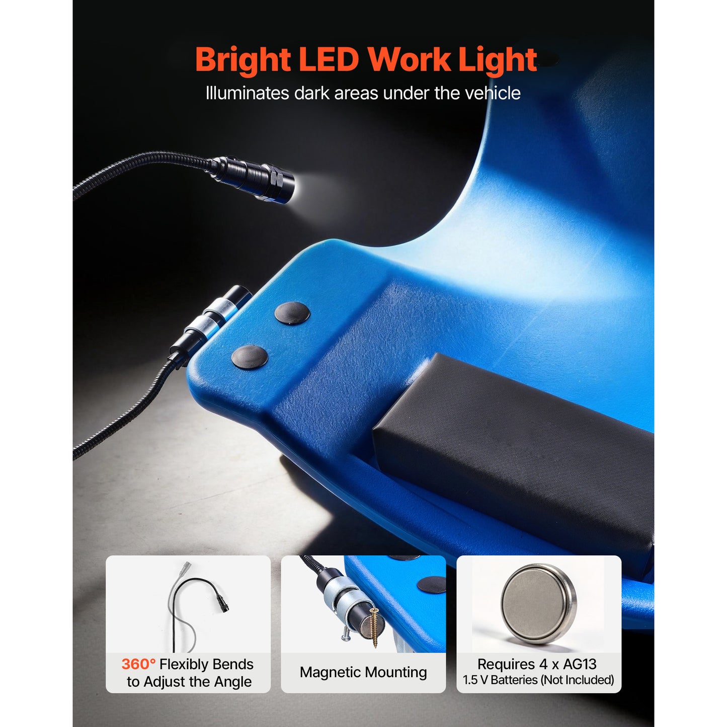 Mechanic Creeper with LED Light, Low Profile Garage Rolling Creep, 350 Lbs Capacity