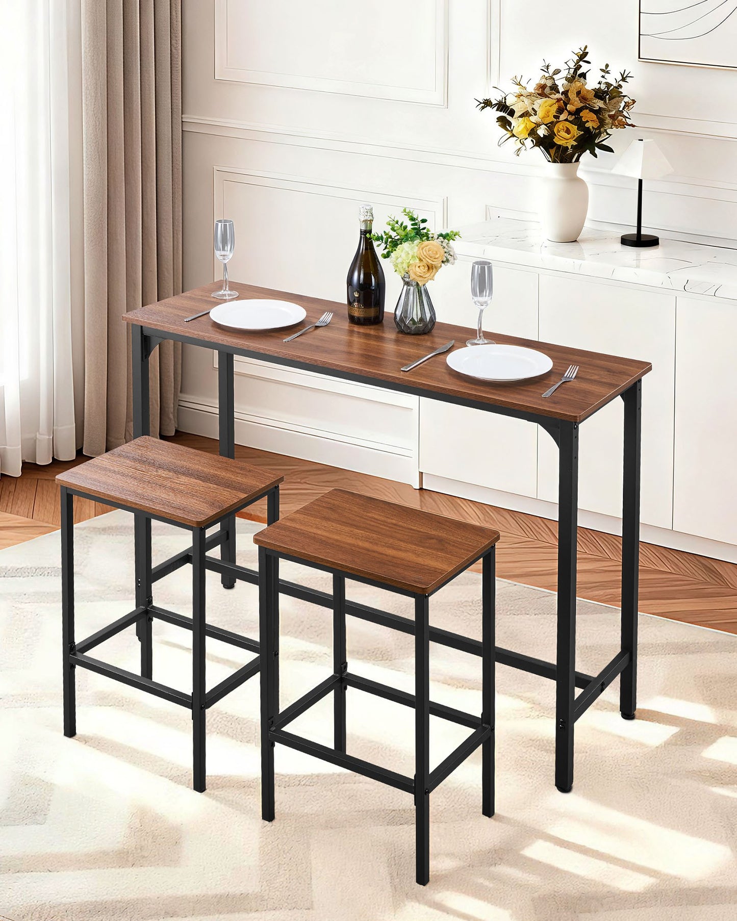 3-Piece Pub Table Set with 2 Bar Stools - Rustic Brown & Black