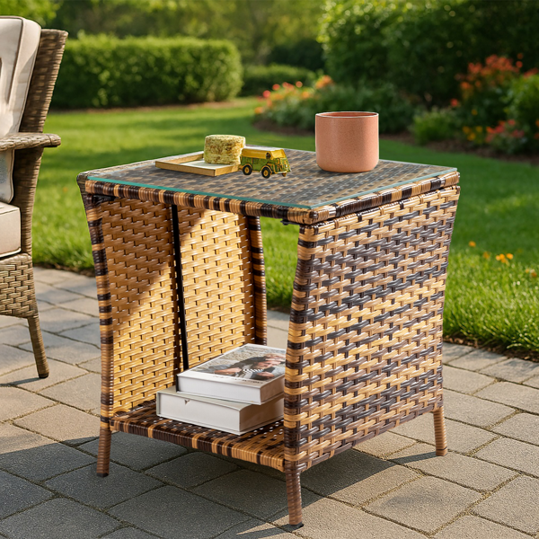 Glass Surface Yellow Gradient Rattan Side Table - Modern Home Decor