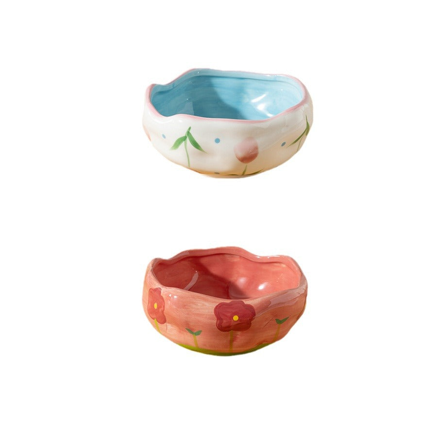 Hand Drawn Flower Ceramic Bowl - Irregular Pattern, 13cm Dinnerware