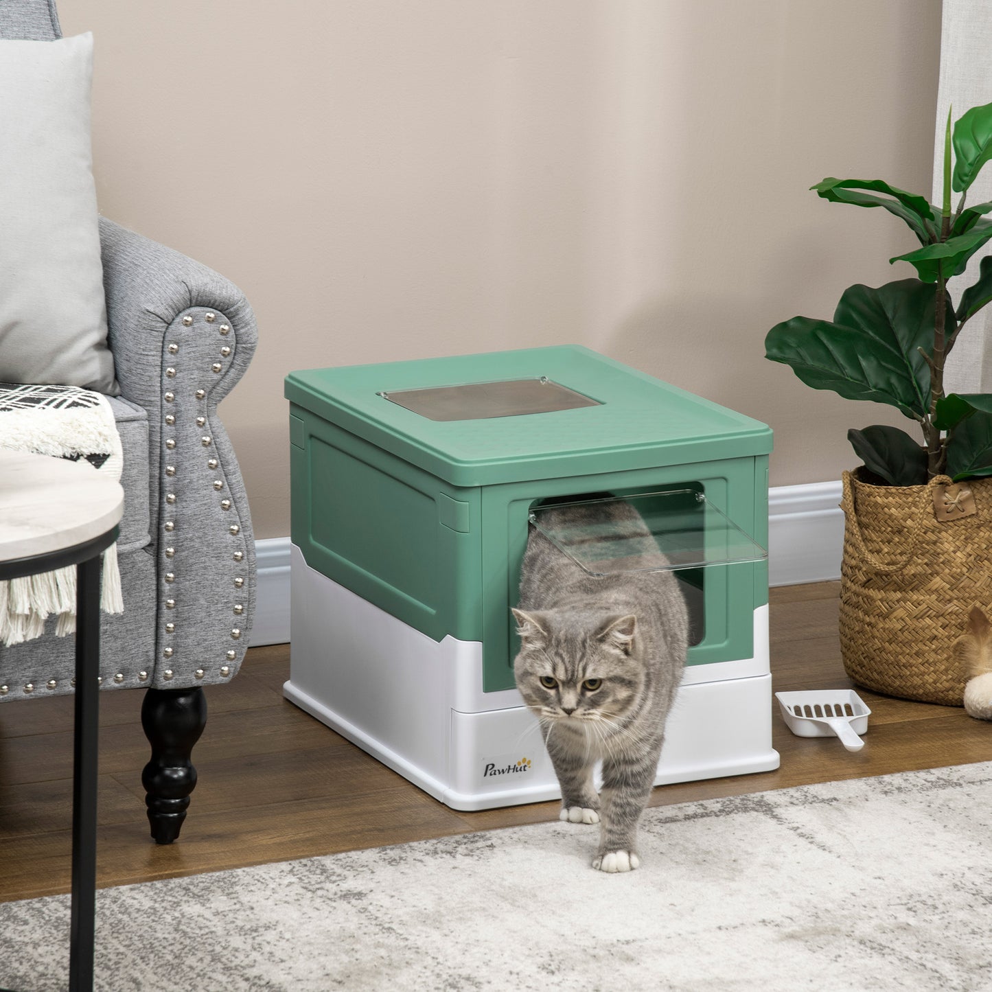 Large Enclosed Portable Cat Litter Box with Scoop - Green