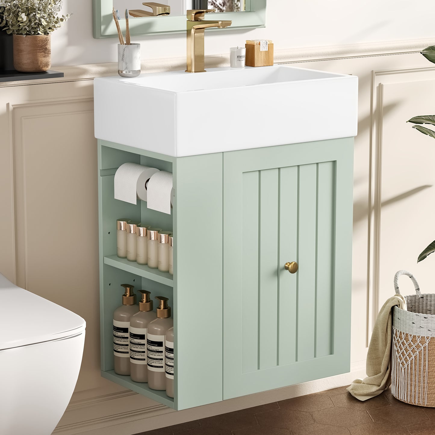 20-Inch Green Bathroom Vanity with Ceramic Sink & Storage