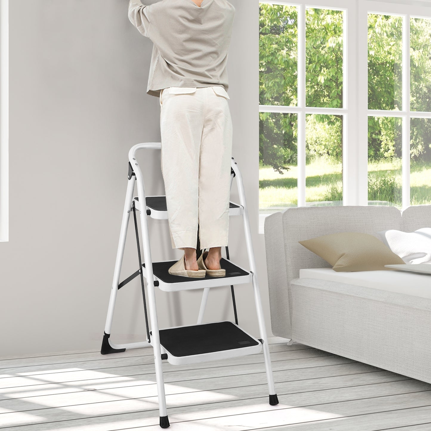 Foldable 3-Step Ladder with Handgrip Anti-Slip Platform Home Office Use