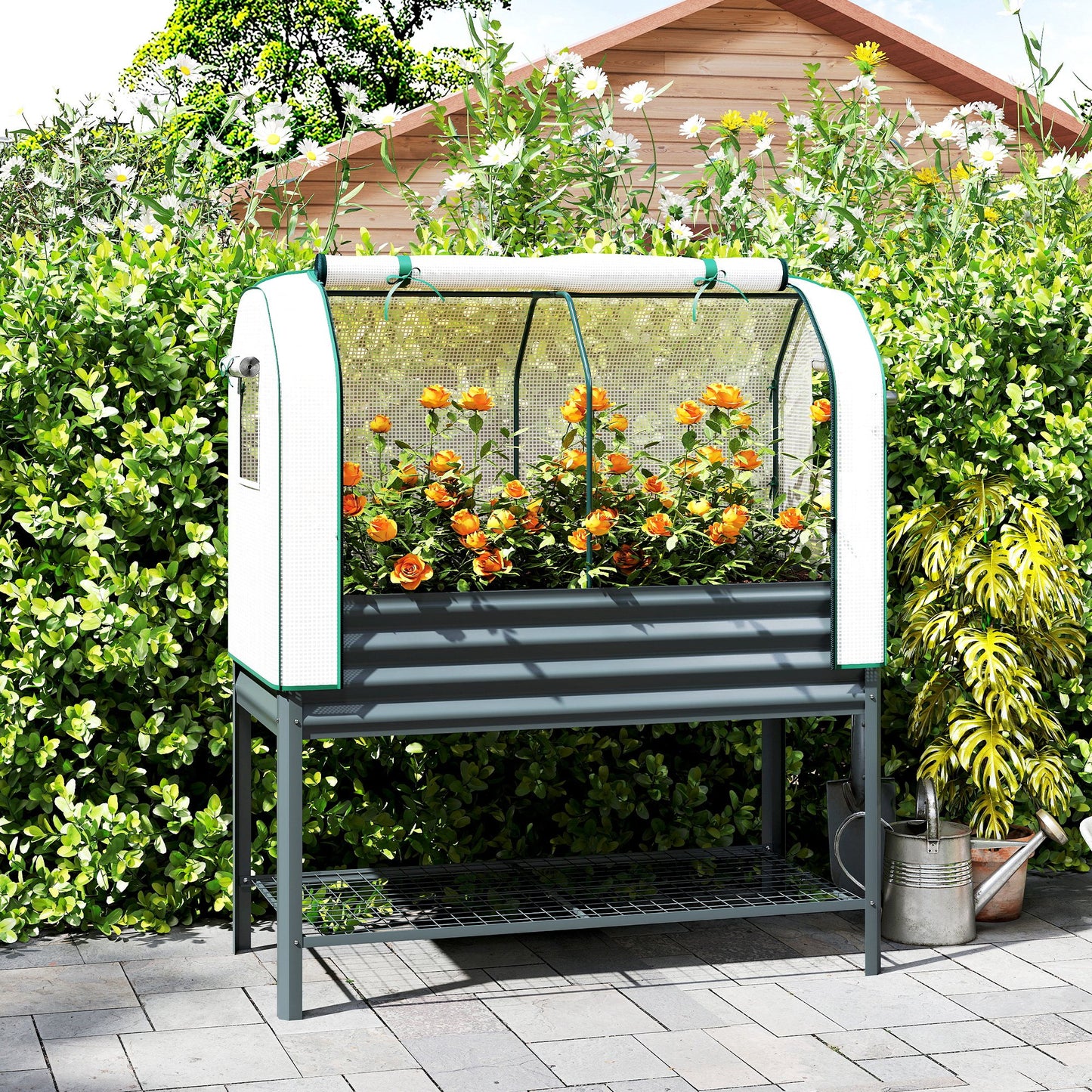 Galvanised Raised Garden Bed with Greenhouse Cover - Metal Elevated Planting Box, Dark Gray 1330x370x120mm