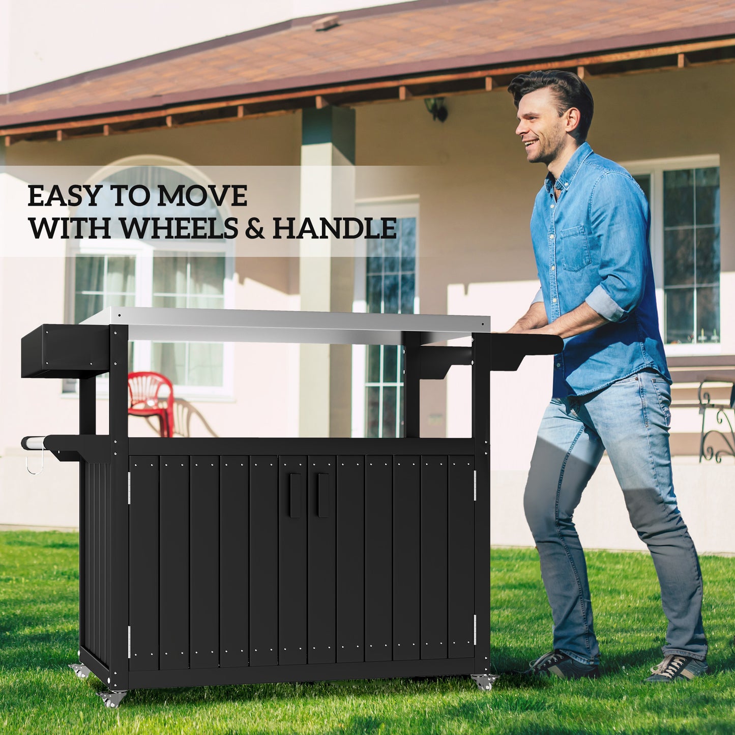 Outdoor Bar Cart with Stainless Steel Top & Storage - Black