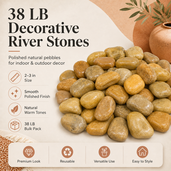 38 Lbs Khaki River Rocks - 2-3 Inch Polished Pebbles for Decor