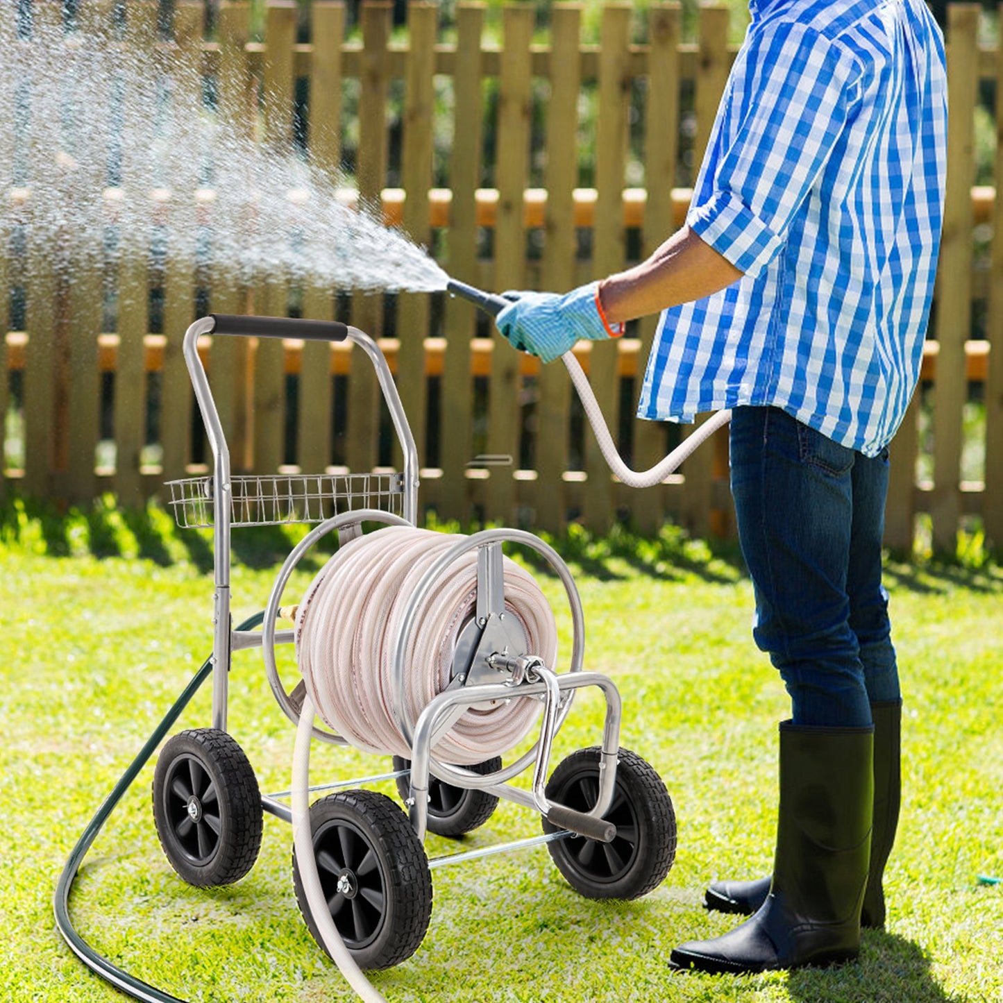 Garden Hose Reel Cart 300 Ft Capacity Heavy Duty Steel Outdoor Water Hose Storage Grey