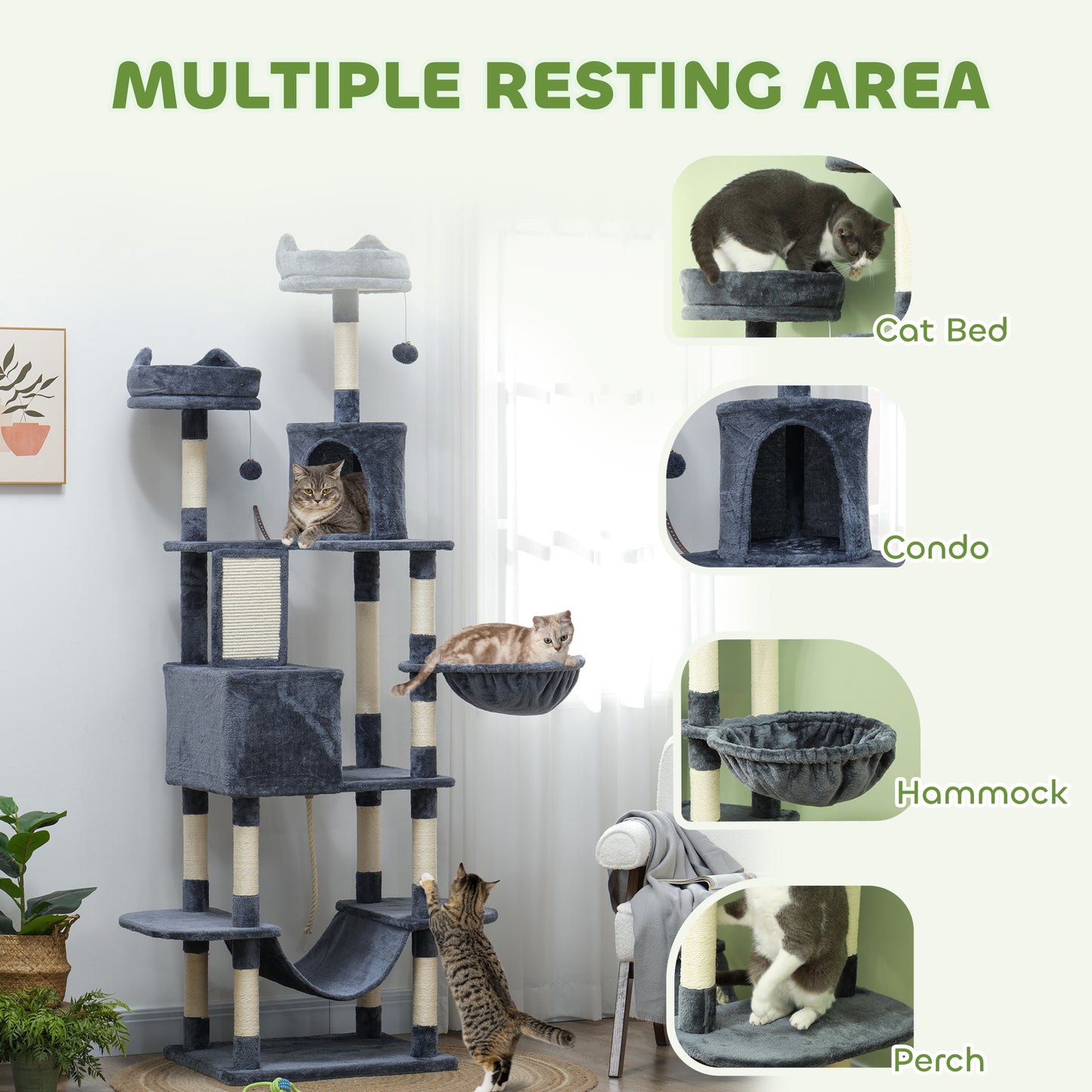 Large Cat Tree Tower with Scratch Posts, Condos, Hammocks & Toys - Gray