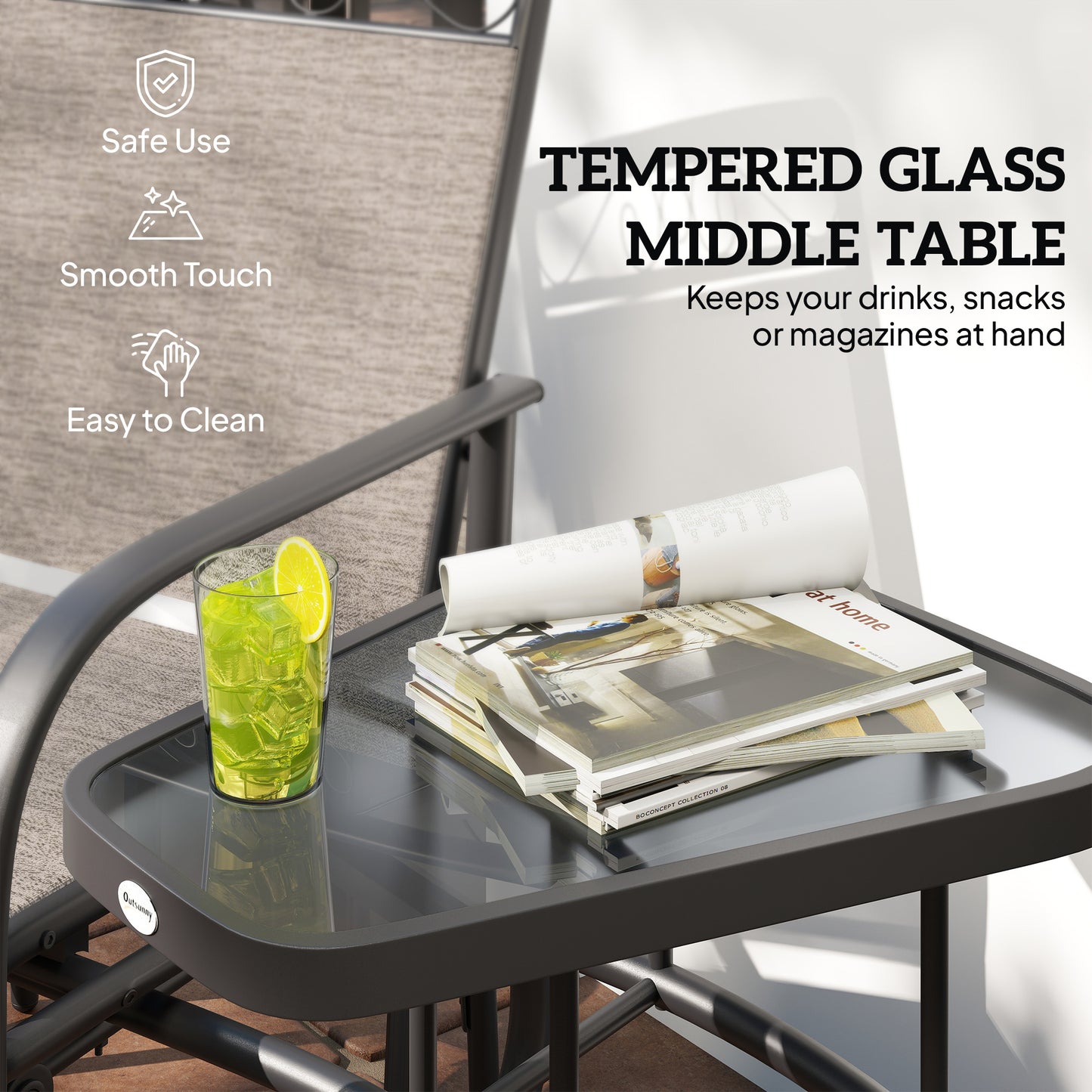 Outdoor Glider Chairs with Coffee Table - Brown 2-Seater Rocking Chair