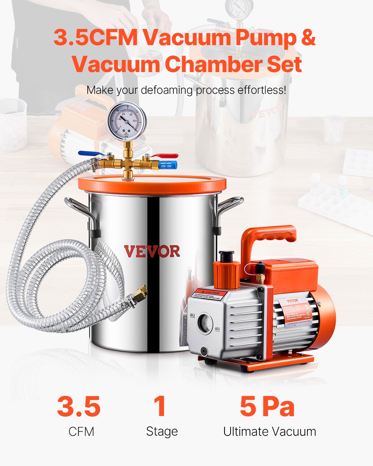 1.5 Gallon Stainless Steel Vacuum Chamber Kit with 3.5CFM Pump - Orange