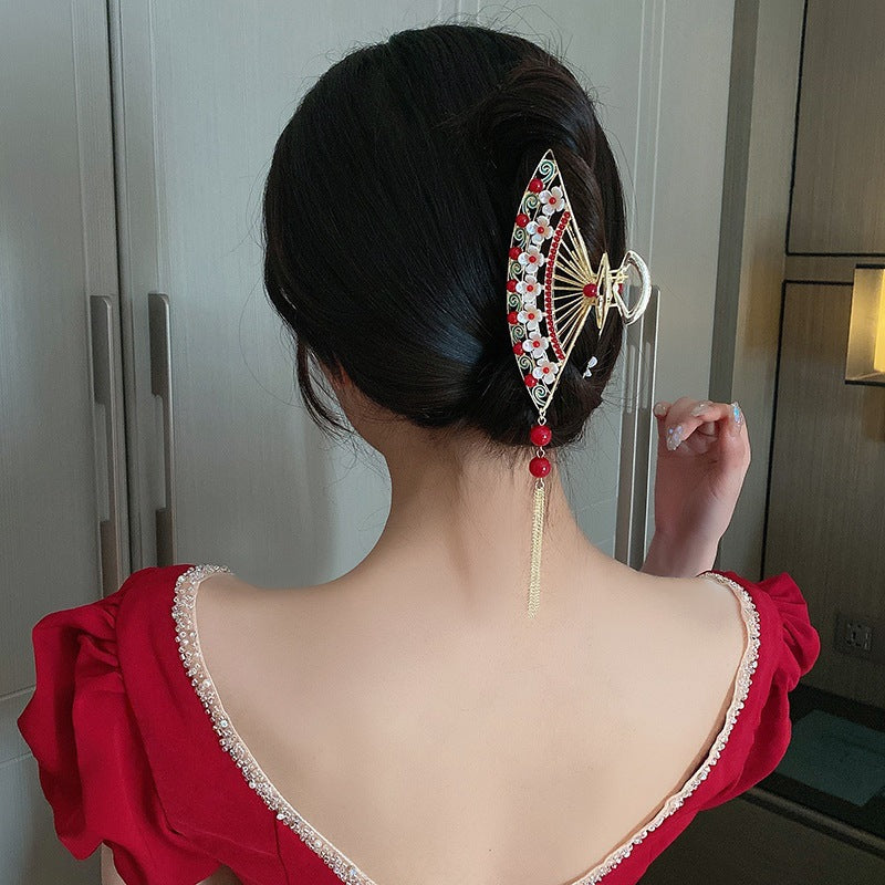 Antique Metal Hair Clip with Tassel & Pearl Detail