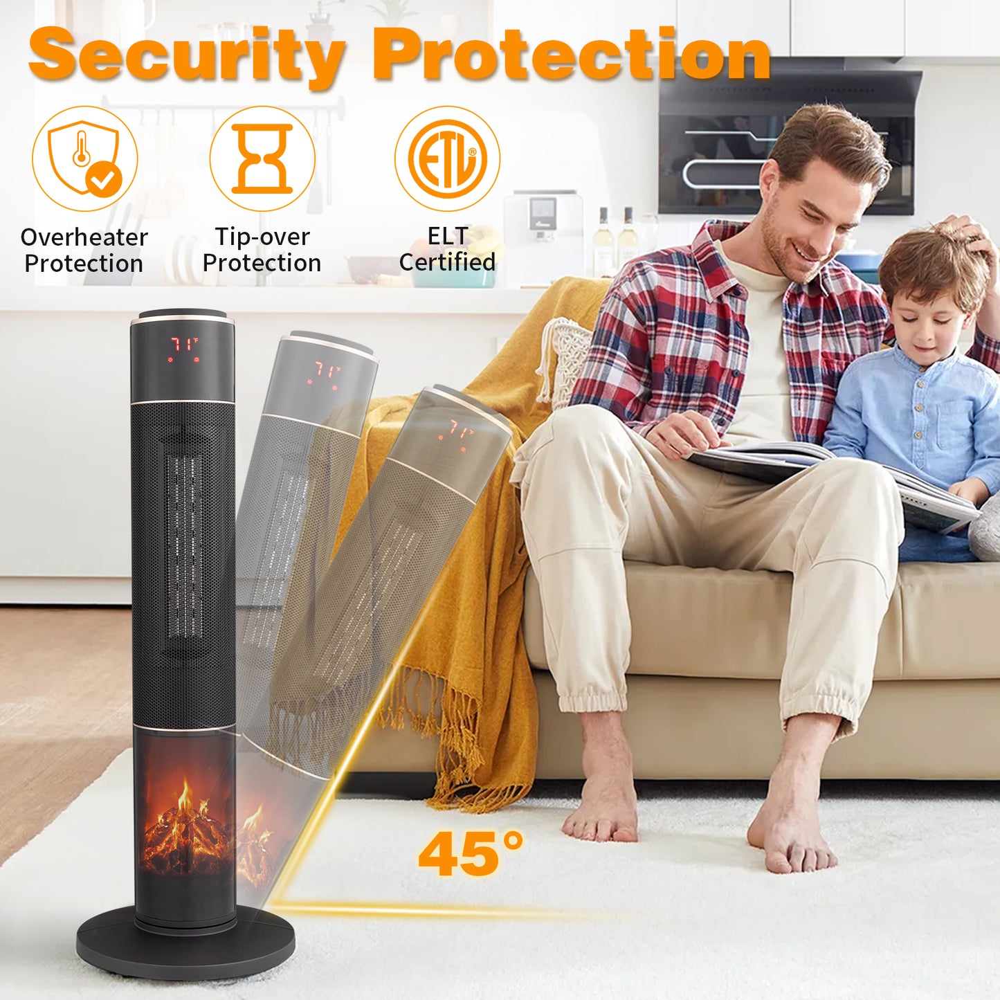 32inch Tower Space Heater with 3D Flame Effect, 1500W Portable Electric Heater with Thermostat, Oscillation, Timer & Remote