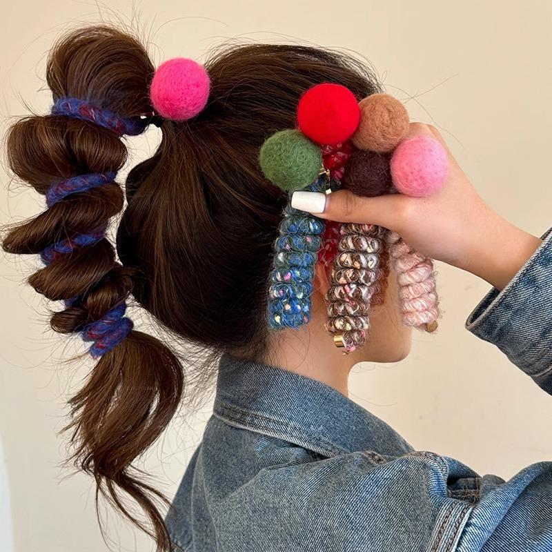 Pom-Pom Phone Cord Hair Tie - Elastic Korean Style
