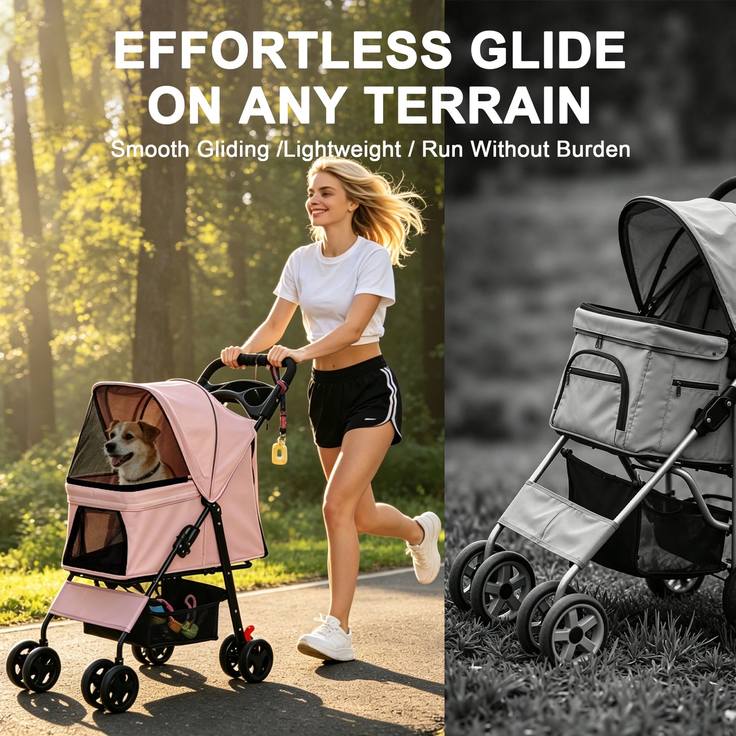 Foldable Pet Stroller for Small Dogs Cats Up to 28 lbs with Mesh & Storage - Pink