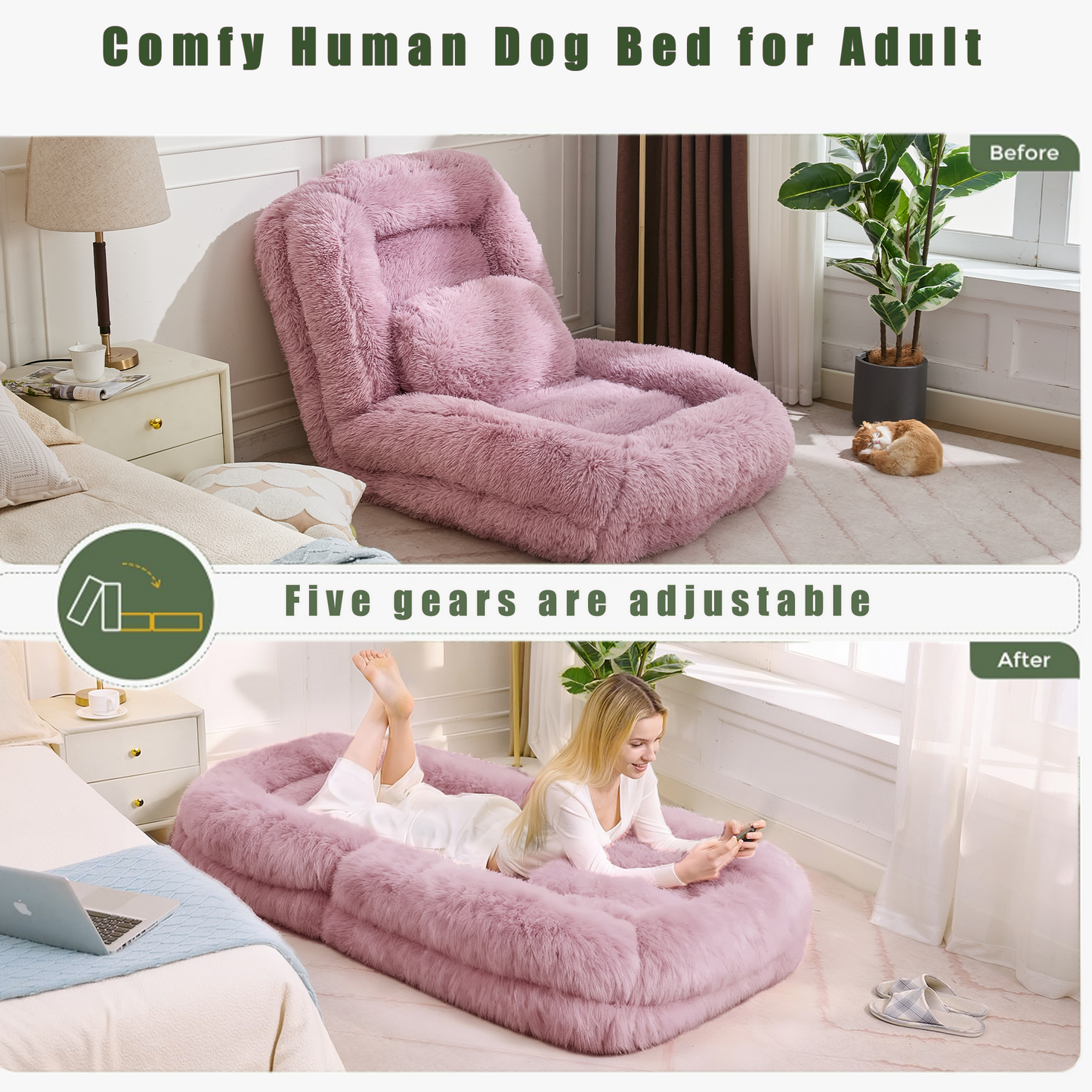Adjustable Lazy Sofa Bed - Plush Fabric, Pink