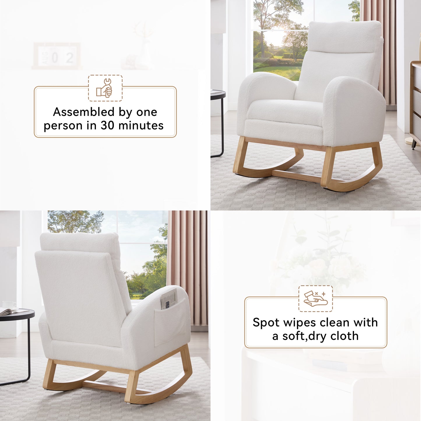 Teddy Fabric Rocking Chair with Adjustable Footstool - White