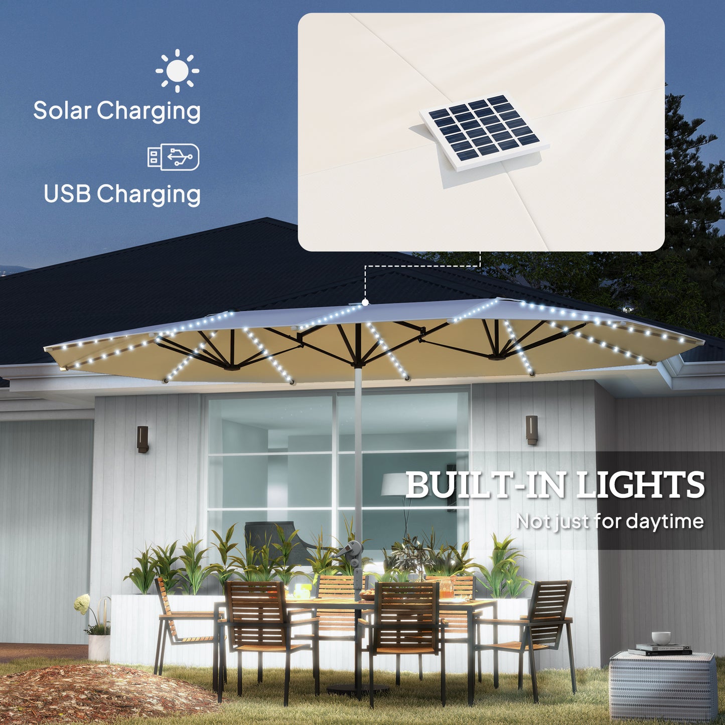 15ft Double-Sided Patio Umbrella with Solar Lights - Cream White