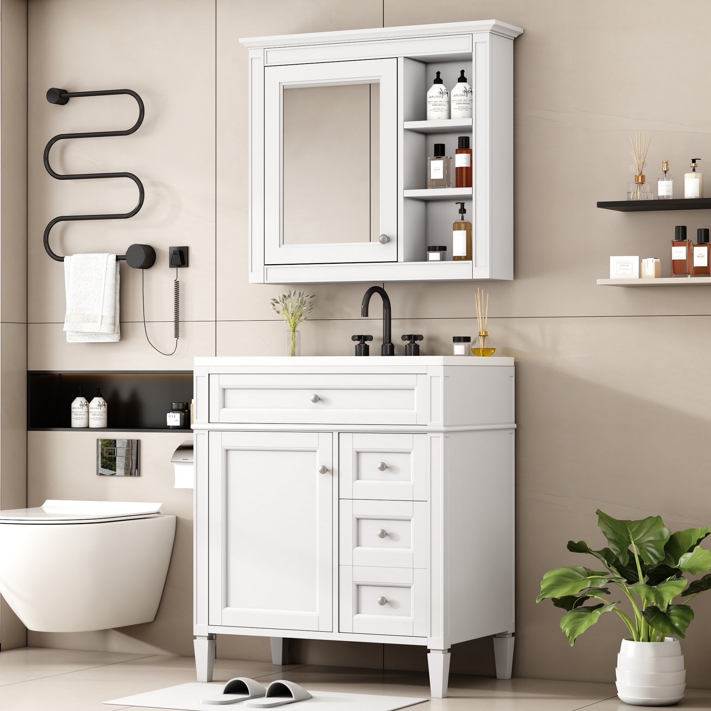 30'' Modern Bathroom Vanity with Sink & Mirror Cabinet - White