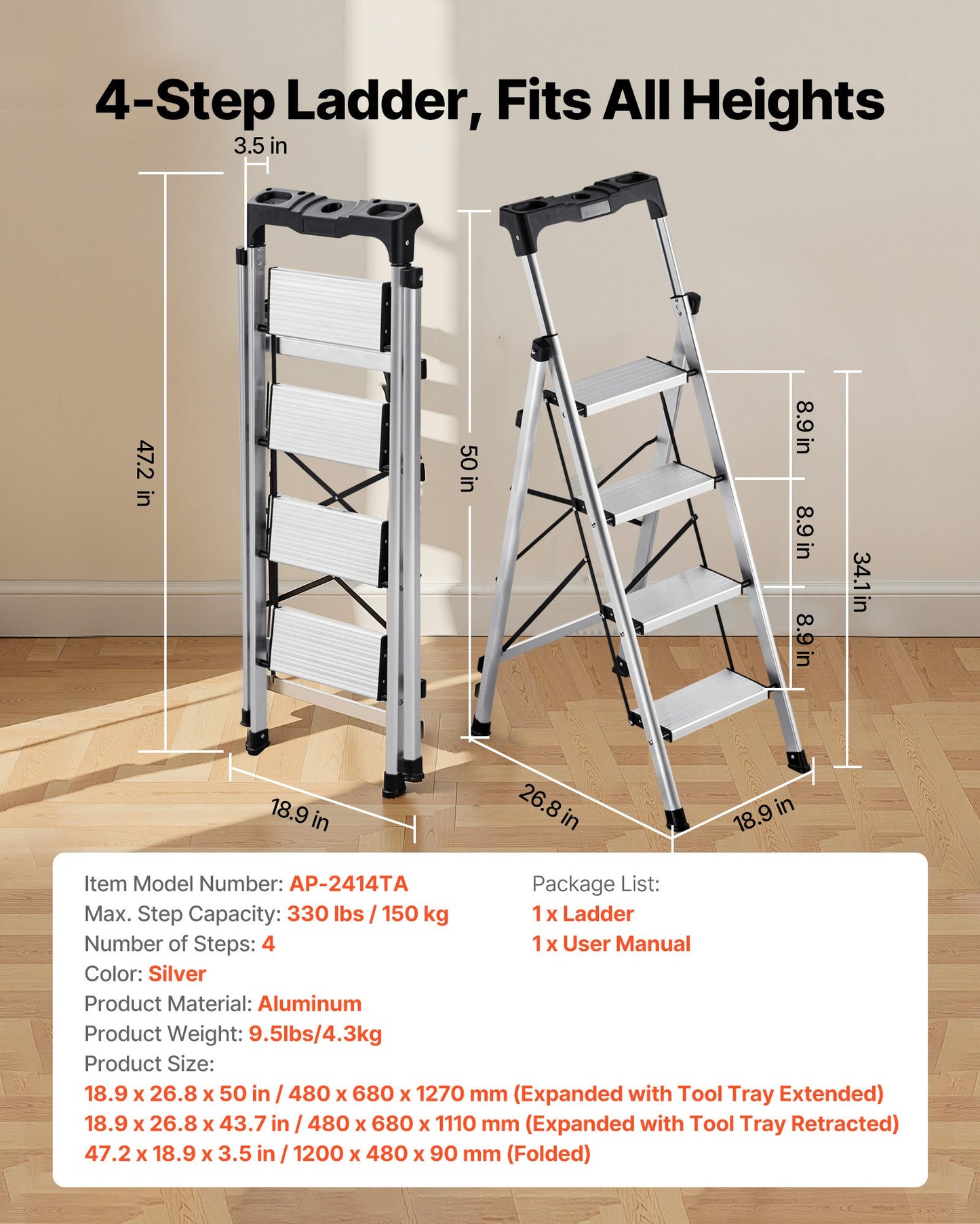 4 Step Folding Ladder with Anti-Slip Pedals and Handgrip - Aluminum, 330 lbs Capacity