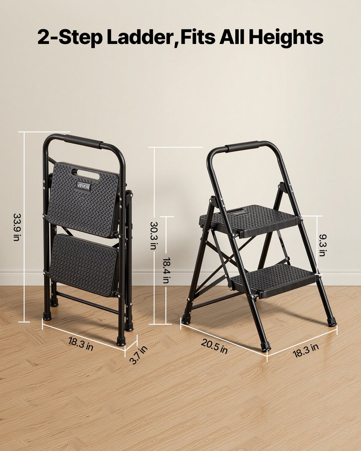 2-Step Folding Ladder with Anti-Slip Pedal & Handgrip, 600 lbs Capacity, Black