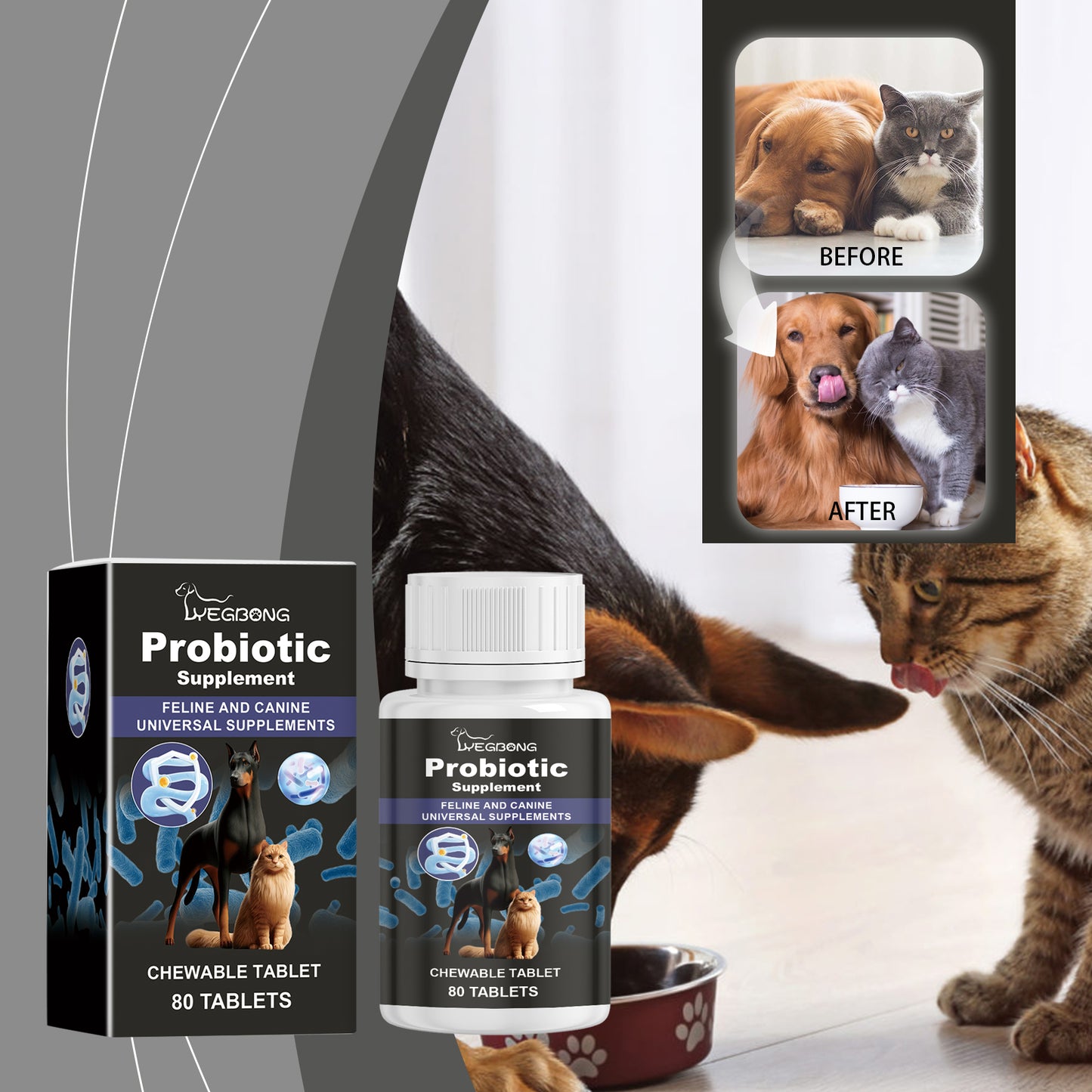 Pet Probiotic Chewable Tablets for Dogs & Cats - Digestive & Immune Support, 80 Count
