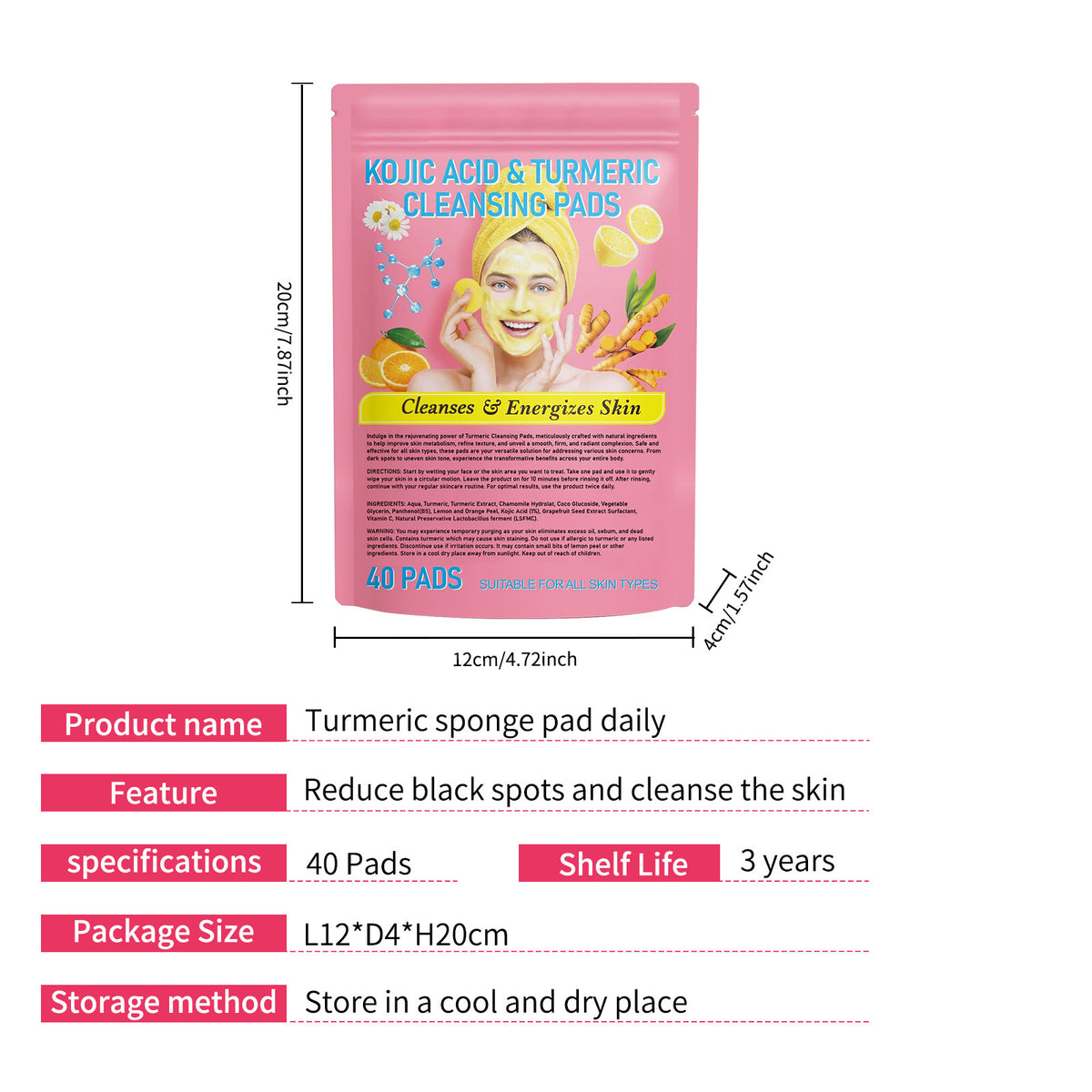 Gentle Skin Care Exfoliating Cleansing Pads - Turmeric & Kojic Acid, 40pcs