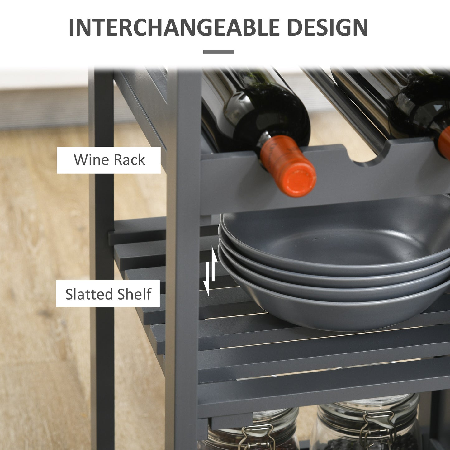 Rolling Kitchen Island Cart with Wine Rack and Storage - Gray