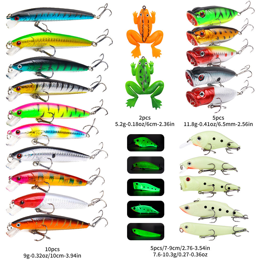 22-Piece Fishing Lure Set - Hard Baits, Soft Frogs & Poppers