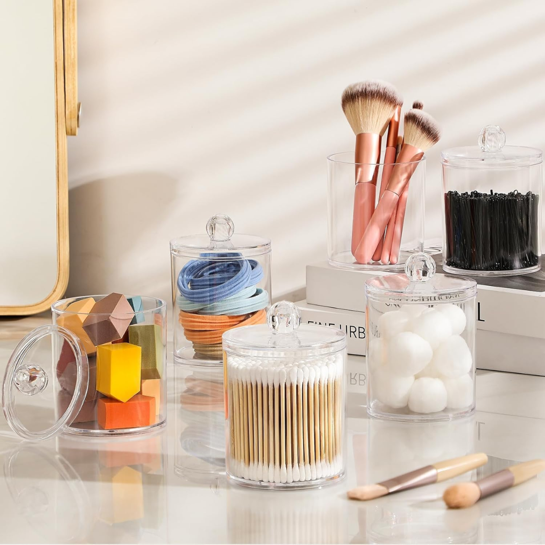4-Pack Clear Acrylic Qtip Holder Dispenser Set - Bathroom Storage