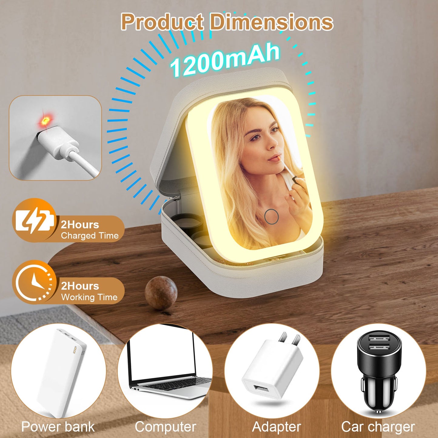 Portable Travel Makeup Bag with Rechargeable LED Mirror and 4 Compartments