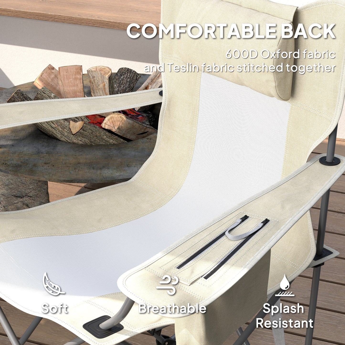 Folding Rocking Camping Chairs with Headrest & Cooler Bag - 2 Pack, Cream